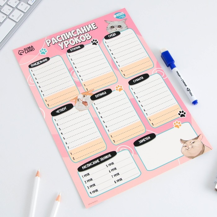 Расписание уроков &laquo;Милые кошечки&raquo; А4, многоразовое магнитное с маркером