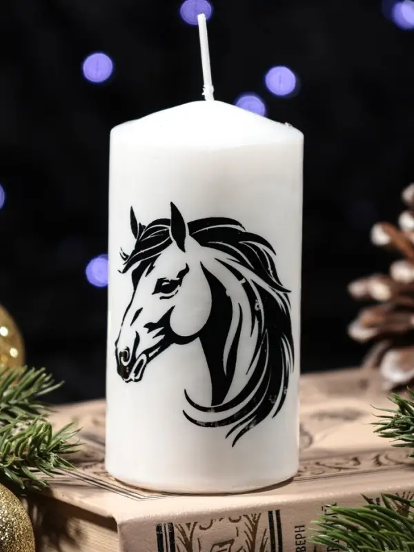 Свеча столб 50*100 мм с накаткой "Символ года" , Лошадь белая
