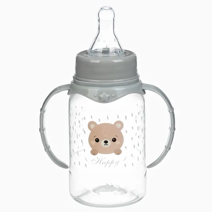 Бутылочка для кормления Крошка Я &laquo;Happy&raquo; с ручками, от 0 мес., 150 мл, цилиндр, серый