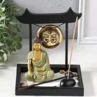 Сад Дзен "Будда в зелёном у гонга" песок+камни+аромапалочки 13,2х15х16 см