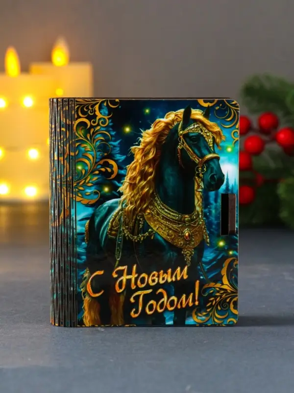 Шкатулка-конверт для для подарочных карт или денег  Шкатулка-конверт для для подарочных карт или денег "Черная лошадка и золотые узоры".  9,8х8,5х2 см.