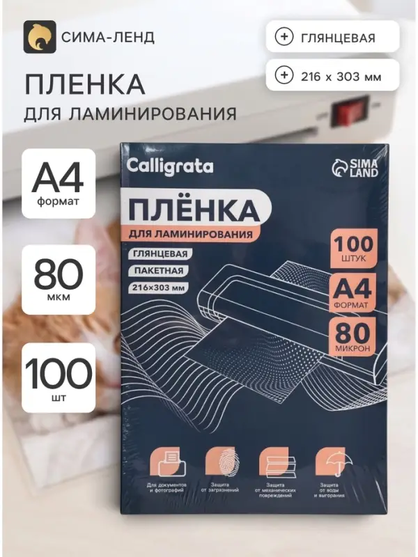 Пленка для ламинирования A4 80 мкм 100 шт., глянцевая, 216&times;303 мм