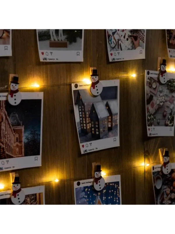 Гирлянда &laquo;Нить&raquo; 2 м, роса с насадками &laquo;Прищепка-снеговик&raquo;, IP20, серебристая нить, 20 LED, от батареек АА&times;2, свечение тёплое белое