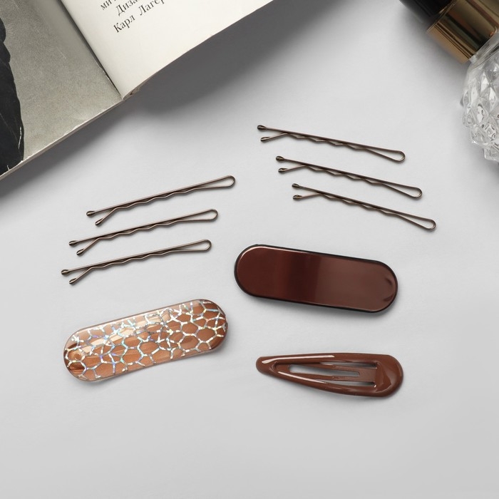 Невидимка для волос  Невидимка для волос "Атлас" (набор 9 шт) 5 см, кофейный