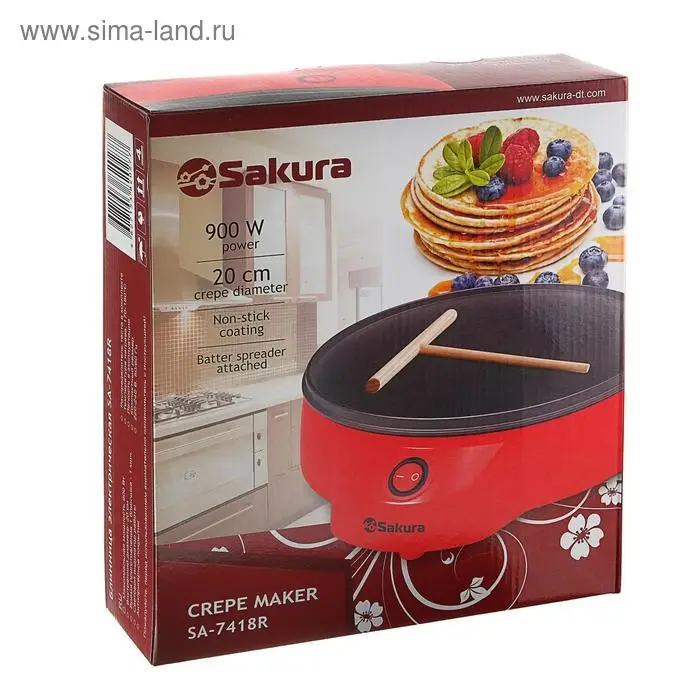 Блинница электрическая Sakura SA-7418R, 900 Вт, 20 см, красная