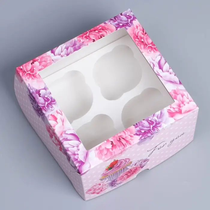 Коробка для капкейков, кондитерская упаковка с окном, 4 ячейки «Пионы», 16 х 16 х 10 см Коробка для капкейков, кондитерская упаковка с окном, 4 ячейки «Пионы», 16 х 16 х 10 см