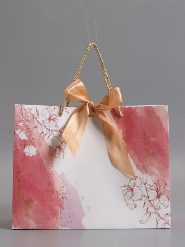 Пакет подарочный "Мрамор" , розовый , с бантиком , 32 х 25 х 11 см