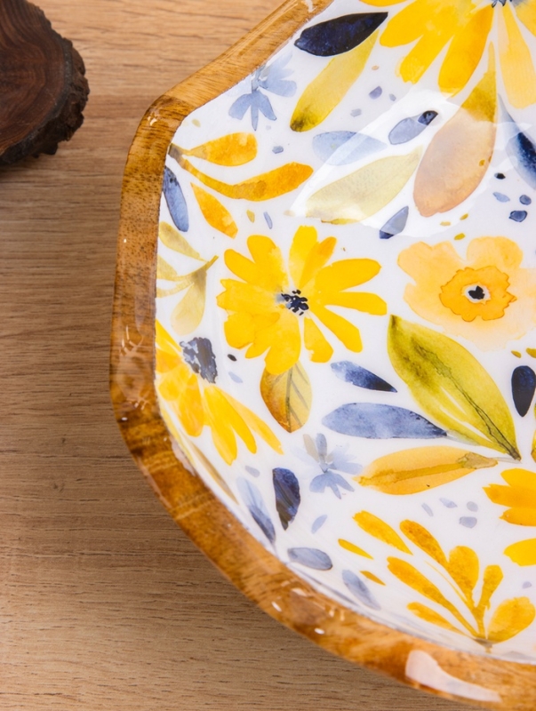 Салатник "Желтые и синие цветы" дерево манго 20х20х8 см