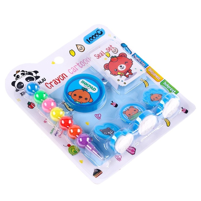 Набор для рисования: печать 3 шт., штемпельная подушка, карандаш 7 цветов, цвет голубой Набор для рисования: печать 3 шт., штемпельная подушка, карандаш 7 цветов, цвет голубой