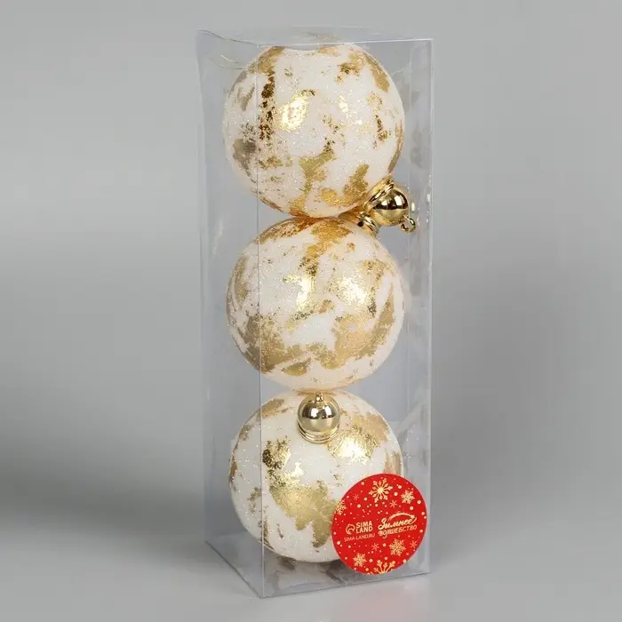 Набор шаров пластик d-8 см, 3 шт "Роуз" бело-золотой