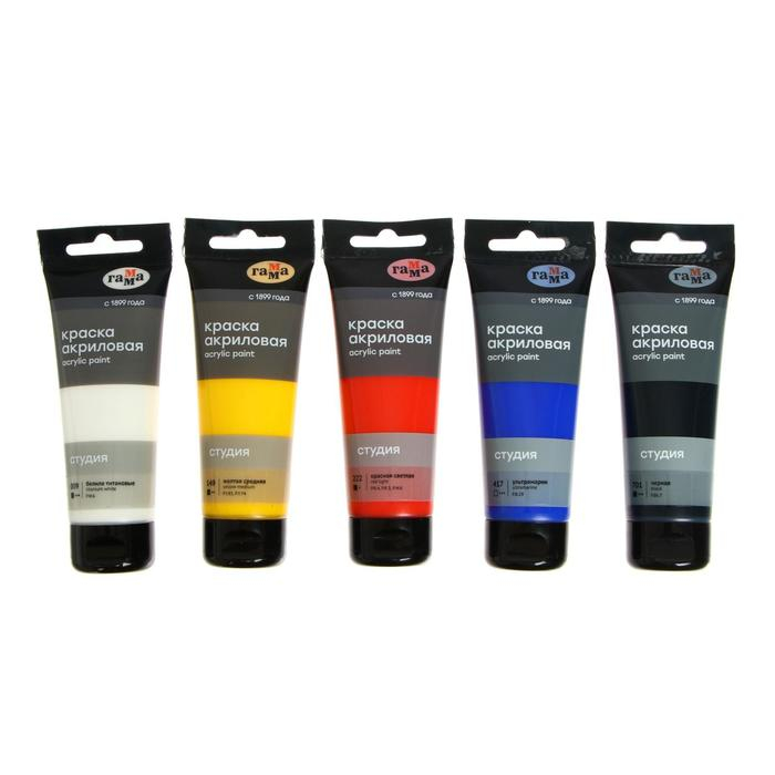 Краска акриловая в тубе, набор 5 цветов х 75 мл, Гамма Краска акриловая в тубе, набор 5 цветов х 75 мл, Гамма "Студия" , морозостойкая, в картонной коробке, 140820201