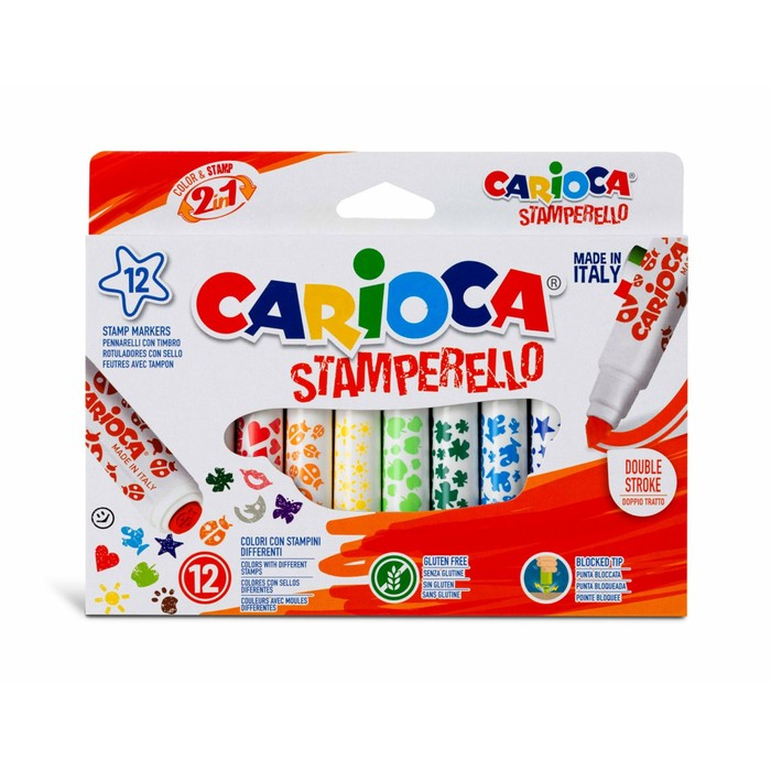 Фломастеры двусторонние 12 цветов, Carioca  Фломастеры двусторонние 12 цветов, Carioca "Stamperello", с трафаретами, смываемые чернила, в картонной коробке