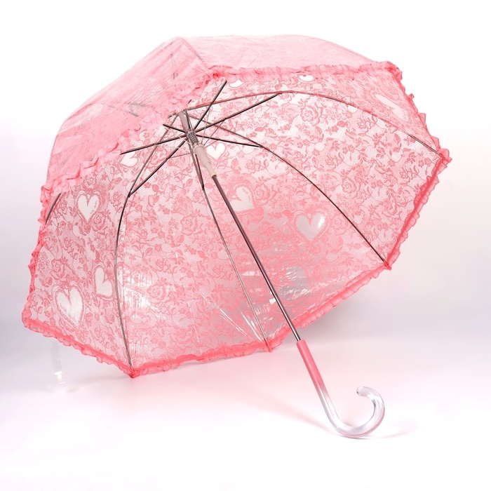Зонт - трость полуавтоматический «Кружево», 8 спиц, R = 40/58 см, D = 116 см, цвет розовый/прозрачный Зонт - трость полуавтоматический «Кружево», 8 спиц, R = 40/58 см, D = 116 см, цвет розовый/прозрачный