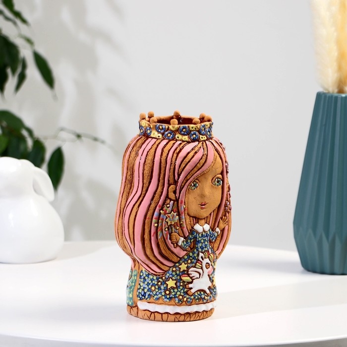 Сувенир керамика Сувенир керамика "Девочка-фея" с единорогом светлая (Ваза), h=22см V=1л