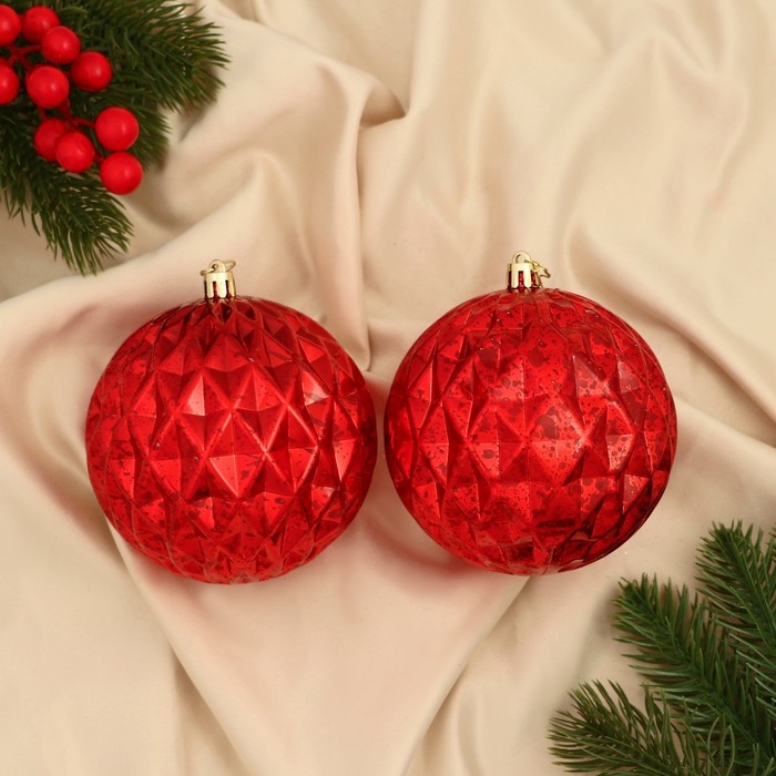 Набор шаров пластик d-10 см, 2 шт Набор шаров пластик d-10 см, 2 шт "Винтаж" грани, красный