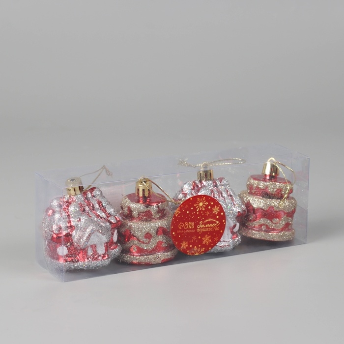 Набор украшений пластик 4 шт Набор украшений пластик 4 шт "Карнавальный" (2 домика, 2 тортика) 7х5 см, красный