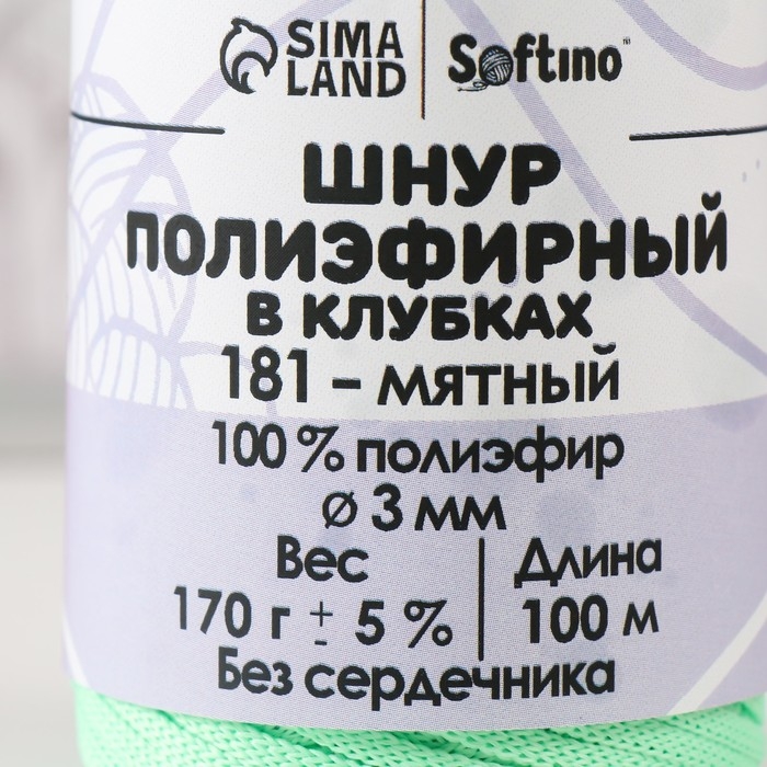 Шнур плоский 3 мм полиэфирный в клубках 100м/170г (+/- 5%) мятный-181 Шнур плоский 3 мм полиэфирный в клубках 100м/170г (+/- 5%) мятный-181