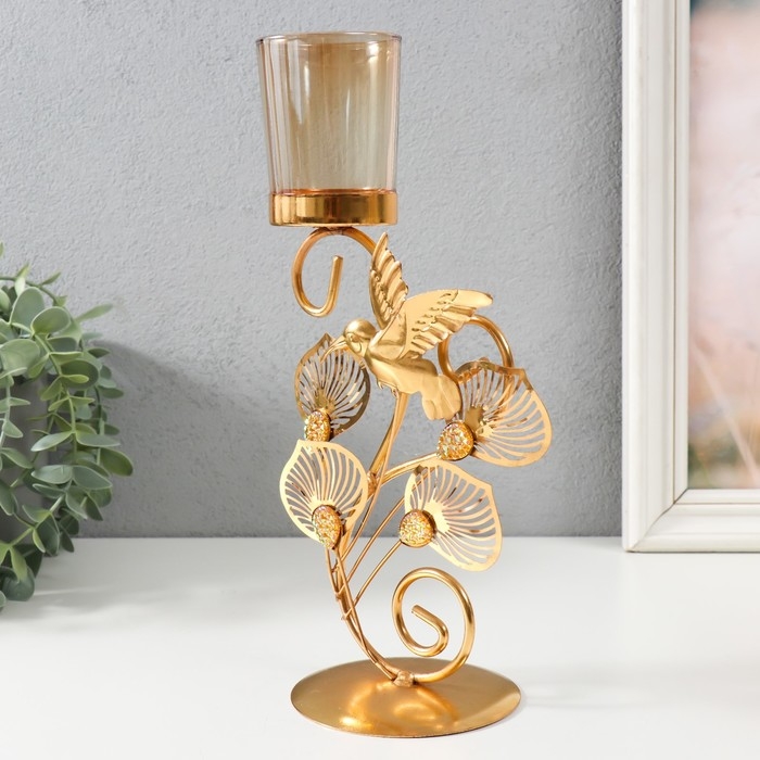 Подсвечник металл, стекло на 1 свечу Подсвечник металл, стекло на 1 свечу "Полет колибри" d=4,7 см, золото 15,5х9х27,8 см