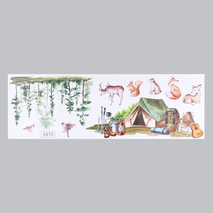 Наклейка пластик интерьерная цветная Наклейка пластик интерьерная цветная "Палатка в лесу со зверятами" 30х90 см