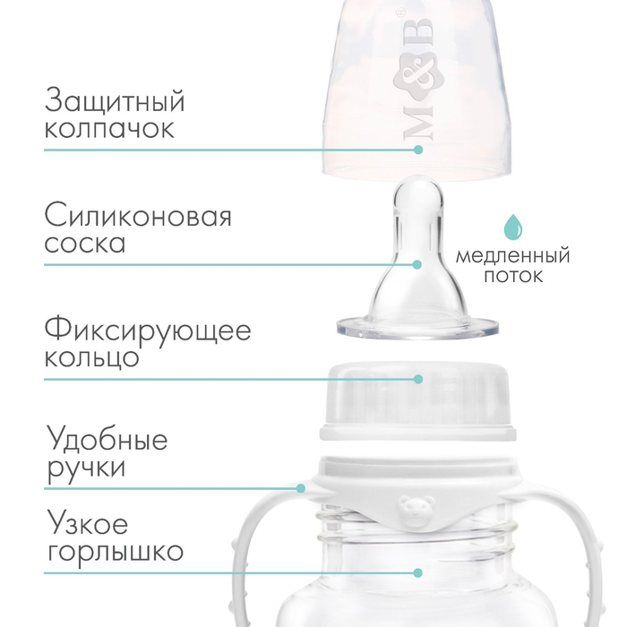 Бутылочка для кормления, классическое горло, приталенная, с ручками, 150 мл., от 0 мес., цвет белый Бутылочка для кормления, классическое горло, приталенная, с ручками, 150 мл., от 0 мес., цвет белый
