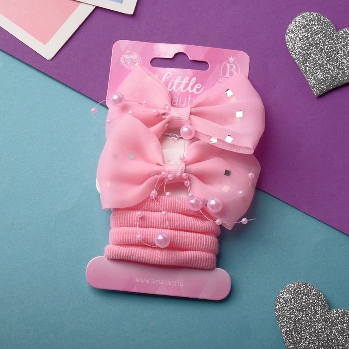 Набор для волос Набор для волос "Карапунька" (2 зажима, 4 резинки) бантик бусины, розовый