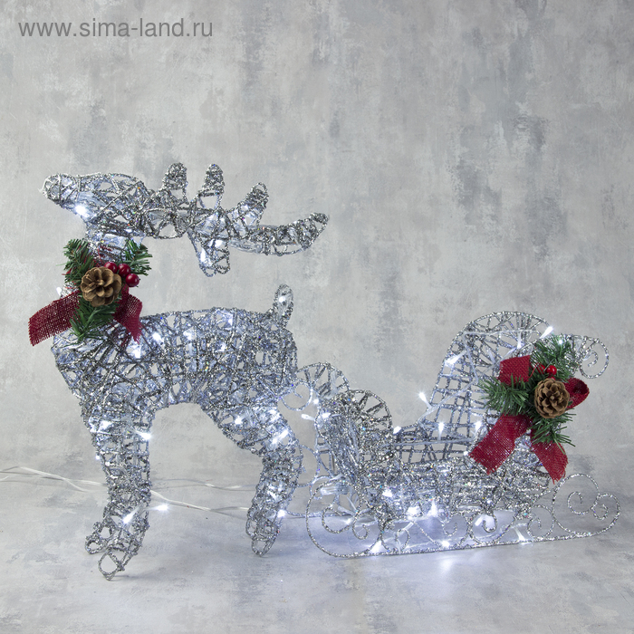 Светодиодная фигура «Олень с санями серебристый», олень: 40 × 50 × 16 см, сани: 40 × 25 × 10 см, металл, 220 В, свечение белое Светодиодная фигура «Олень с санями серебристый», олень: 40 × 50 × 16 см, сани: 40 × 25 × 10 см, металл, 220 В, свечение белое