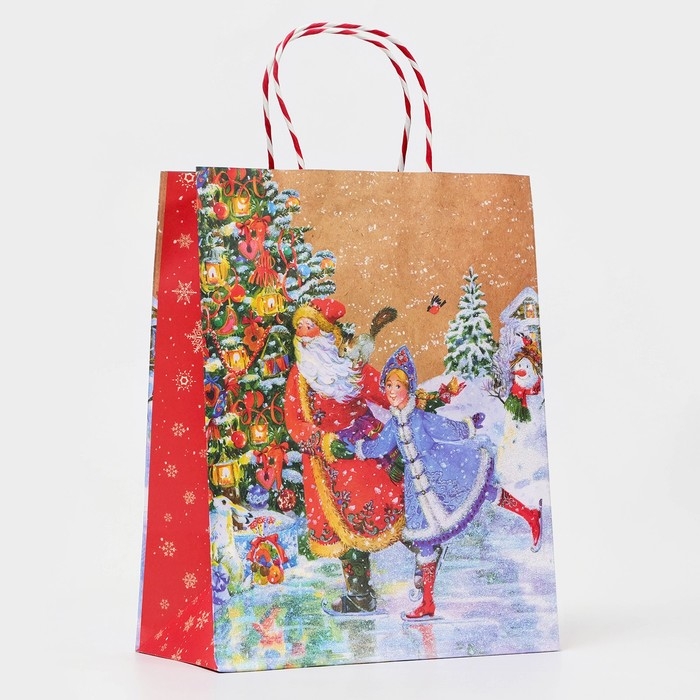 Новый год. Пакет бумажный подарочный новогодний крафт Новый год. Пакет бумажный подарочный новогодний крафт "Дед мороз и снегурочка" 26 х 32 х 12 см.