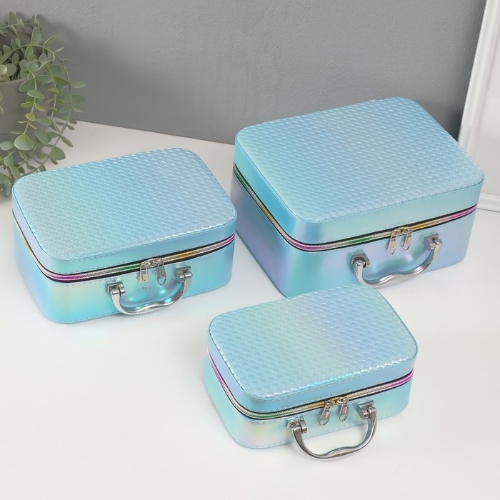 Шкатулка кожзам с зеркалом Шкатулка кожзам с зеркалом "Плетение" голубая н-р 3 шт 19,4х12,5х8 22х16х9 11,5х24,5х18,5 см