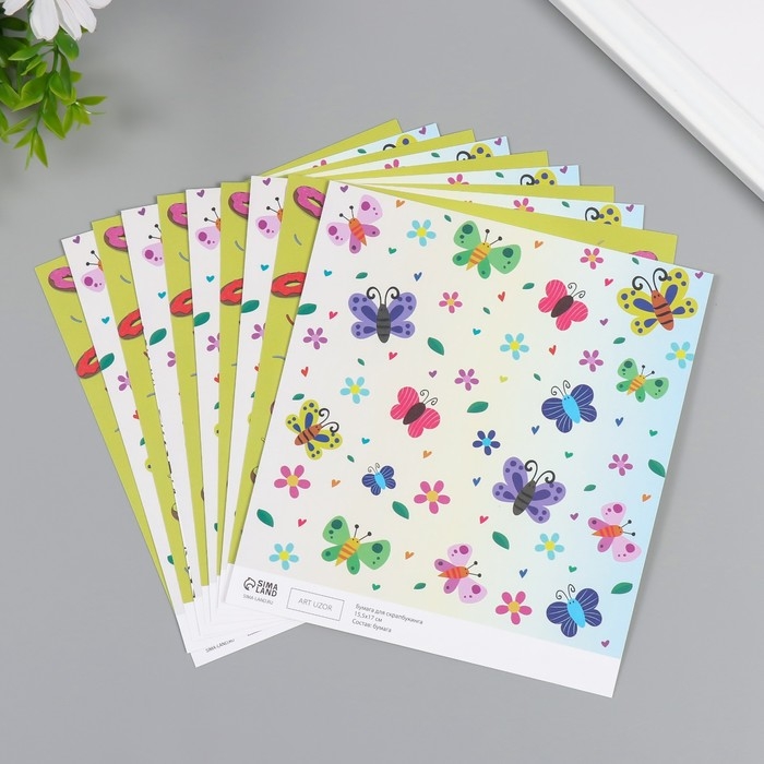 Бумага для скрапбукинга двусторонняя Бумага для скрапбукинга двусторонняя "Бабочки и пончики" плотность 180 гр набор 10 шт 15,5х17 см 1