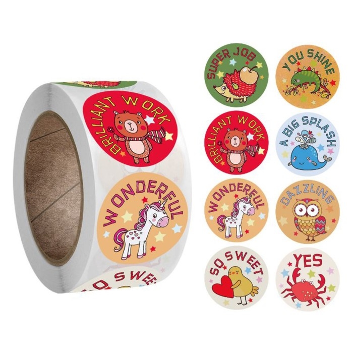 Наклейка бумага Наклейка бумага "Радостные зверята" d=2,5 см 500 шт в рулоне 3х6х6 см