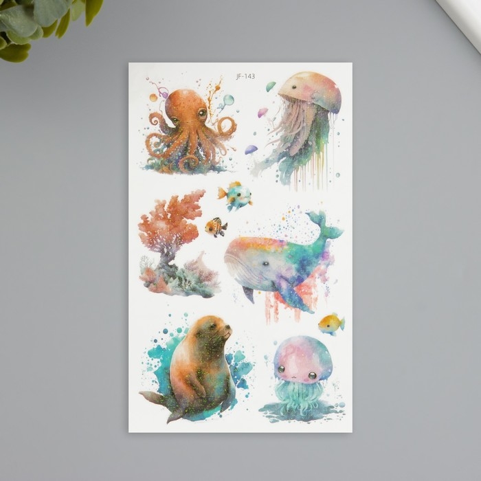 Татуировка на тело фосфорные с блёстками Татуировка на тело фосфорные с блёстками "Крупные морские жители" 7,5х12 см