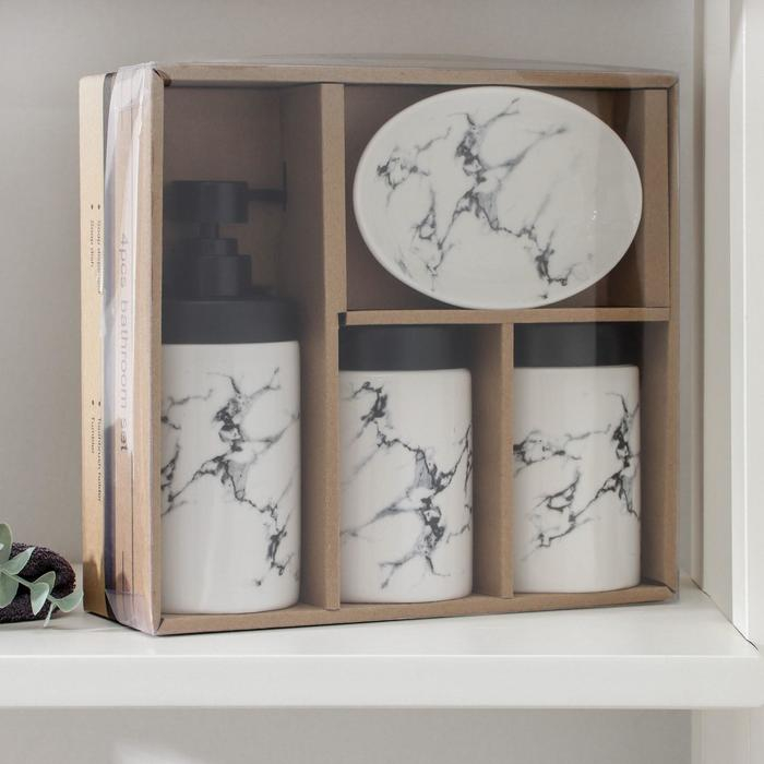 Набор аксессуаров для ванной комнаты «Мраморный металл», 4 предмета (мыльница, дозатор 400 мл, два стакана), цвет белый Набор аксессуаров для ванной комнаты «Мраморный металл», 4 предмета (мыльница, дозатор 400 мл, два стакана), цвет белый