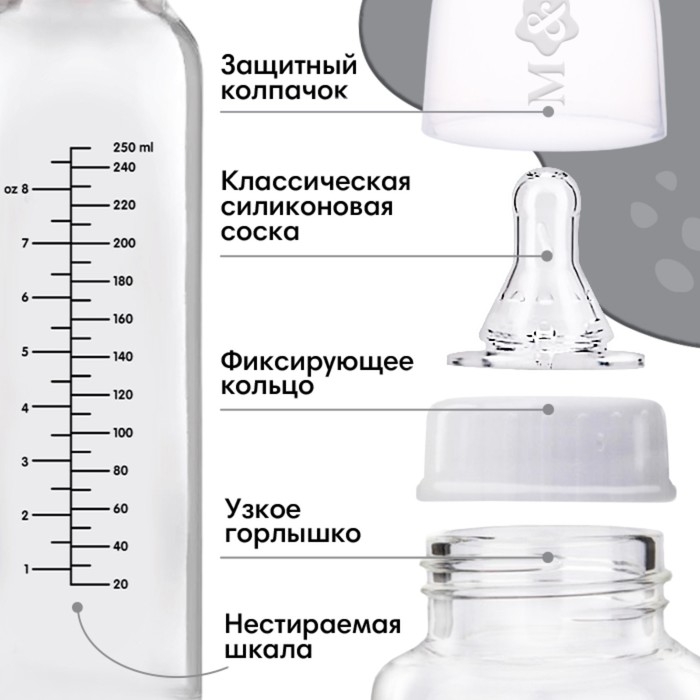 Бутылочка для кормления стекло «Milk», классическое горло, 250 мл., от 3 мес.