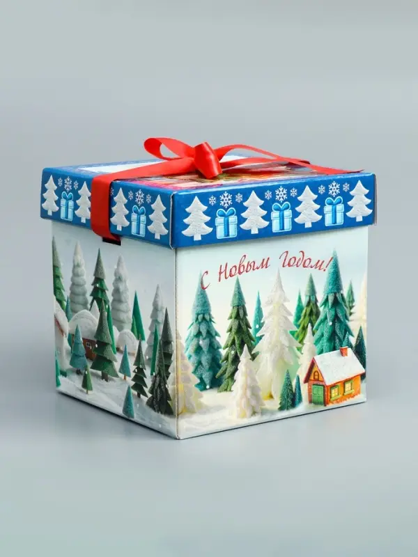 Подарочная новогодняя коробка крышка-дно с атласной лентой 17×17×17 см Подарочная новогодняя коробка крышка-дно с атласной лентой 17×17×17 см