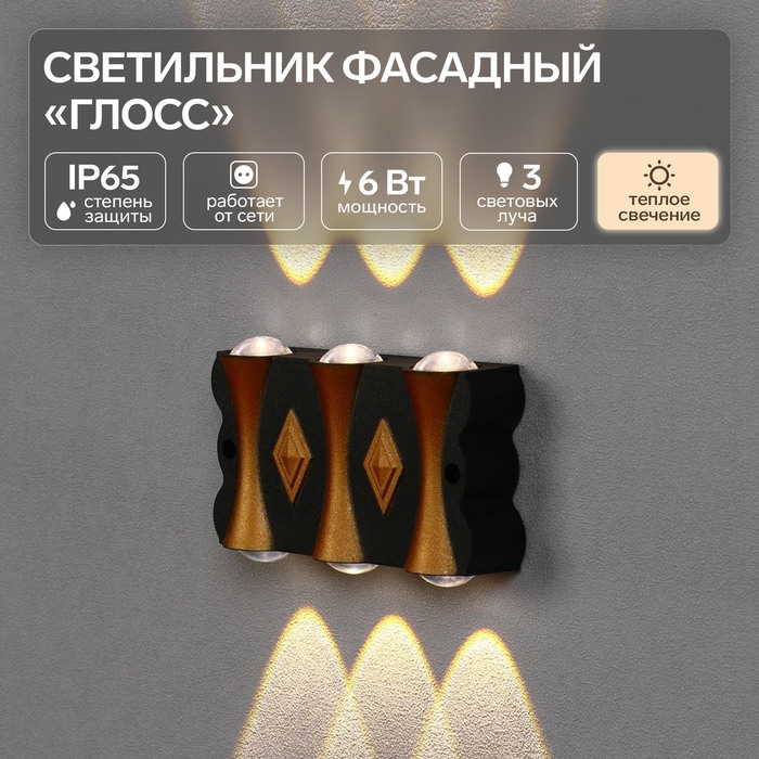 Светильник фасадный «Глосс», FSD-045, 6 Вт, 3000К, 3 луча, IP65, 220 В, пластик, черный Светильник фасадный «Глосс», FSD-045, 6 Вт, 3000К, 3 луча, IP65, 220 В, пластик, черный