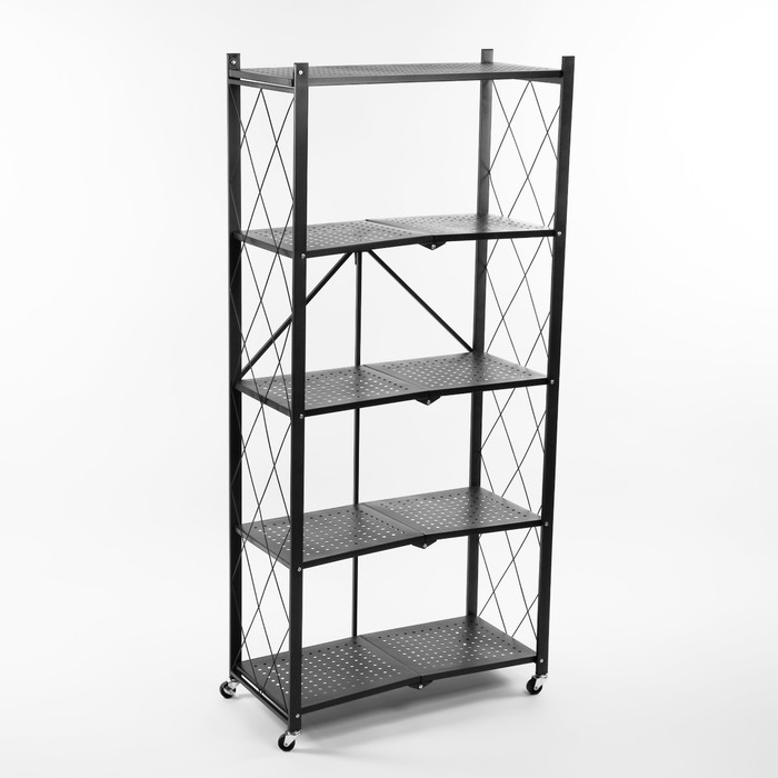 Стеллаж складной на колесах, 5 полок, 72×36×162,5см, цвет чёрный матовый