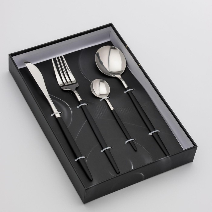 Столовые приборы из нержавеющей стали Magistro «Блинк», 4 предмета, цвет металла серебряный, чёрные ручки Столовые приборы из нержавеющей стали Magistro «Блинк», 4 предмета, цвет металла серебряный, чёрные ручки