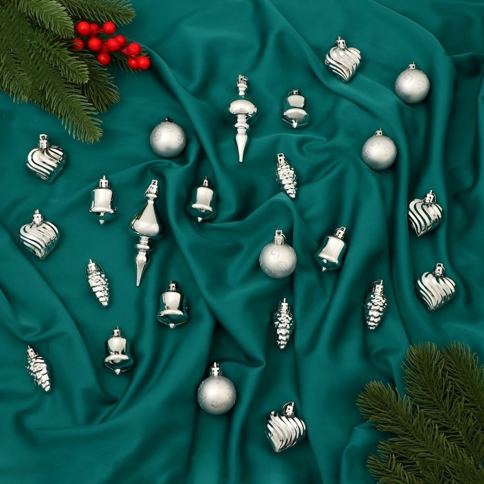 Набор украшений пластик 24 шт Набор украшений пластик 24 шт "Весёлый завиток" 4 см, серебро