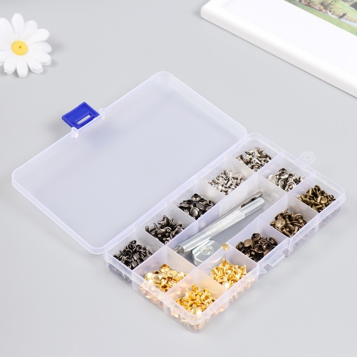 Набор заклёпок 244 шт 12 видов (8х8 мм; 6х6 мм) с молотком Набор заклёпок 244 шт 12 видов (8х8 мм; 6х6 мм) с молотком