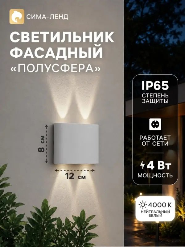 Светильник фасадный &laquo;Полусфера&raquo;, 4 Вт, 4000К, 2 луча, IP65, 220 В, пластиковый корпус, белый, свечение нейтрально-белое