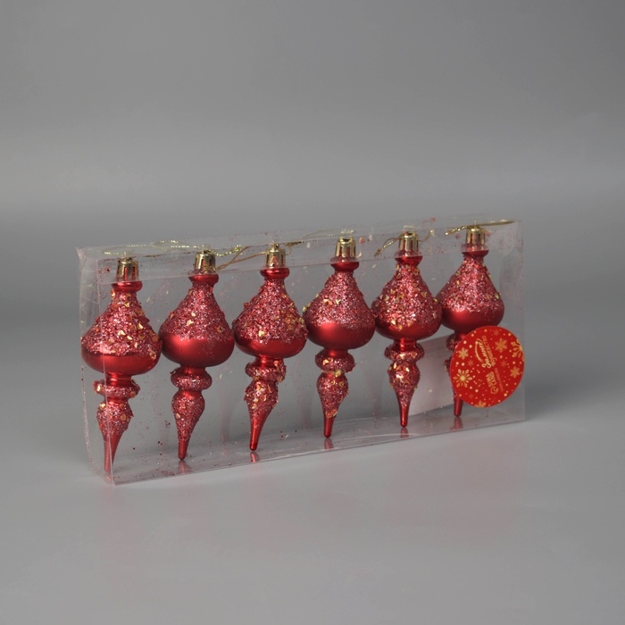 Ёлочная игрушка "Сосульки фигурные блеск" (набор 6 шт) 4х11 см, красный