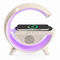 Колонка портативная - ночник, Bluetooth, беспроводная зарядка, часы, RGB-подсветка, 15 Вт, 3 А, белая