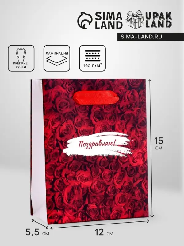 Пакет подарочный вертикальный «Поздравляю», S 12×15×5.5 см Пакет подарочный вертикальный «Поздравляю», S 12×15×5.5 см