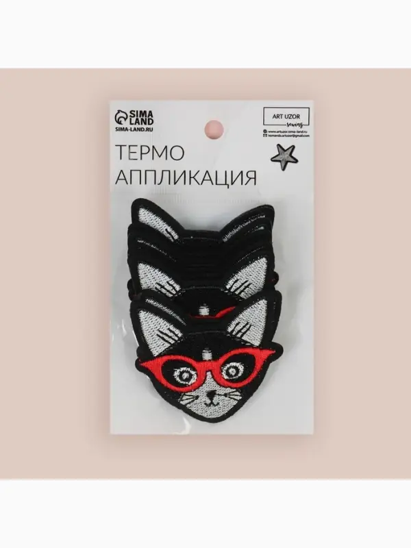 Термоаппликация «Кот в очках», 6×6 см, чёрная Термоаппликация «Кот в очках», 6×6 см, чёрная
