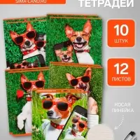 Тетради 10 штук, 12 листов в косую линию &laquo;СелфиDOG&raquo;, обложка мелованная бумага, ВД-лак, блок №2, белизна 75% (серые листы), 5 видов