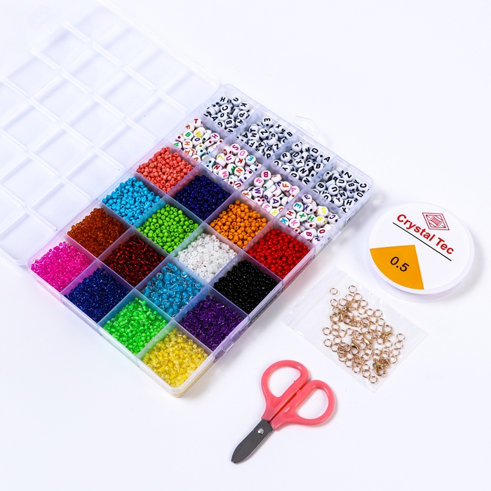 Набор для создания украшений, набор 24 цвета,1 шт. — 3 мм, 400 букв, леска, фурнитура, ножницы Набор для создания украшений, набор 24 цвета,1 шт. — 3 мм, 400 букв, леска, фурнитура, ножницы
