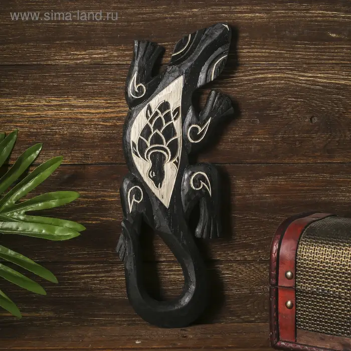 Панно настенное дерево  Панно настенное дерево "Геккон черный с черепашкой" 1х11х30 см