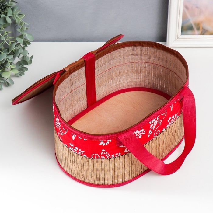 Шкатулка бамбук Шкатулка бамбук "Цветы на красном" с ручками, молния 16х20х30 см