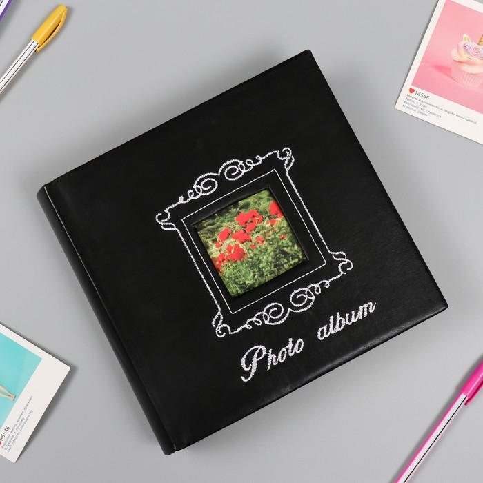Фотоальбом кожзам на 200 фото 10х15 Фотоальбом кожзам на 200 фото 10х15 "Вышитая рама" черный 22х23х5 см
