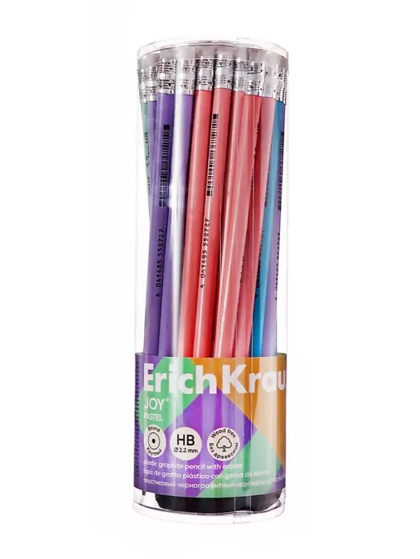 Карандаш чернографитный с ластиком ErichKrause Pastel, HB, круглый в тубусе, МИКС